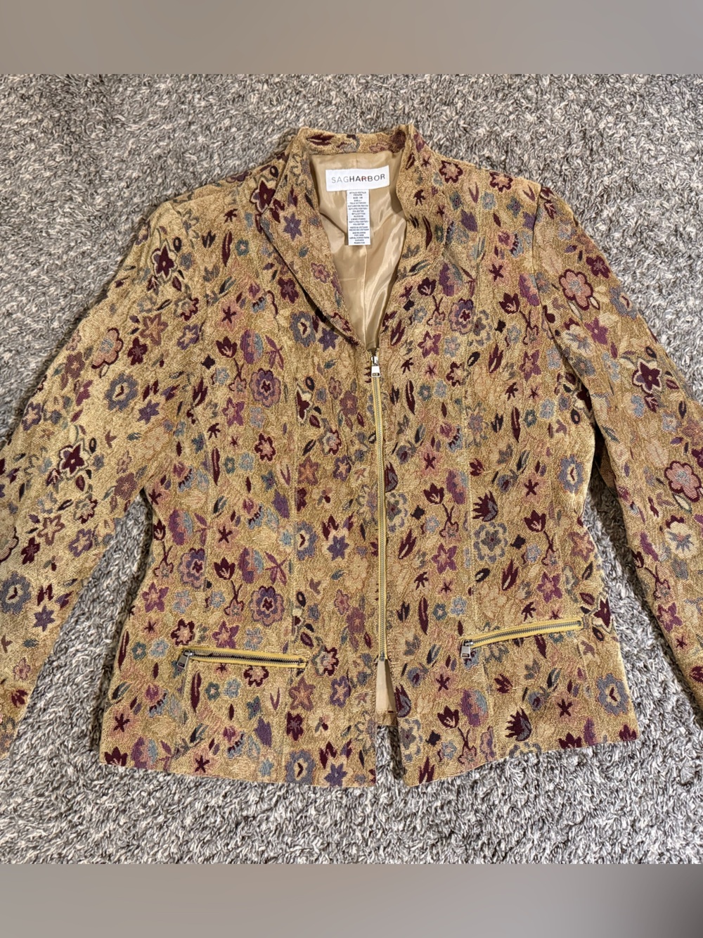 Sag Harbor Gold Floral Embroidered Zip Blazer